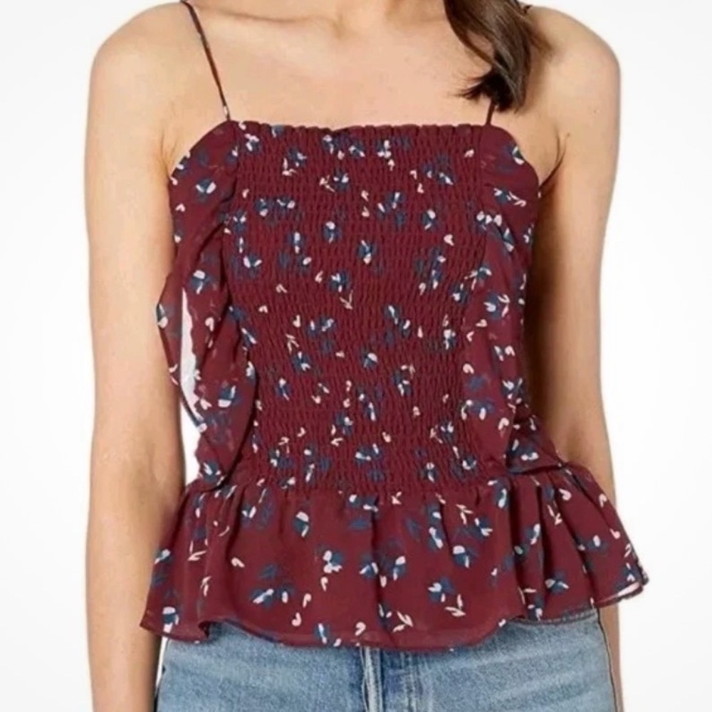 WAYF Devon Smocked Cami Tank Top Ruffle Burgundy Boho Floral Size XXL